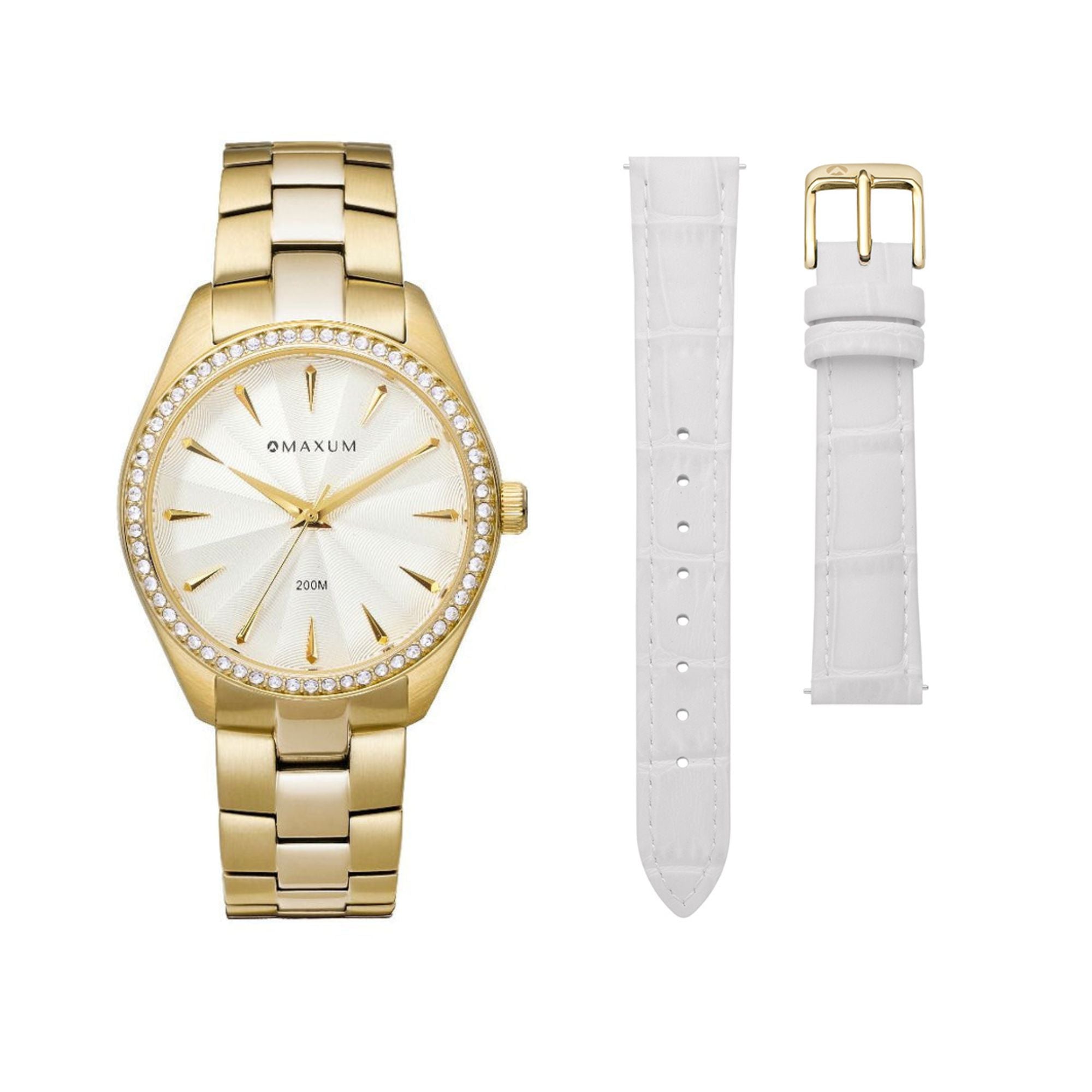 Sydney Gold Box Set -Includes Gold Bracelet Watch with White Leather Strap