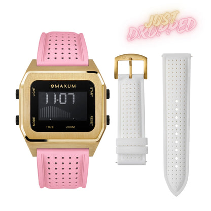 Raglan Digital Tide Watch Set – Gold Case White & Pink Silicone Strap