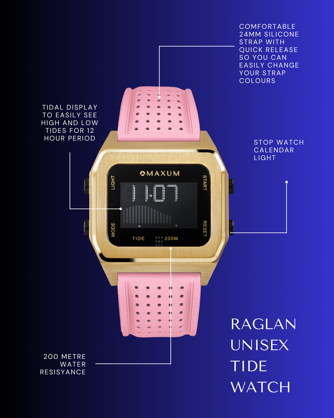 Raglan Digital Square Unisex Tide Watch– Gold Case, Black Dial & Pink Silicone Strap