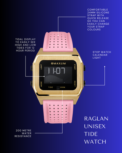 Raglan Digital Square Unisex Tide Watch– Gold Case, Black Dial & Pink Silicone Strap