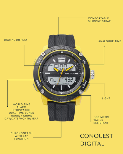 Conquest Black and Yellow Analogue  Digital Watch
