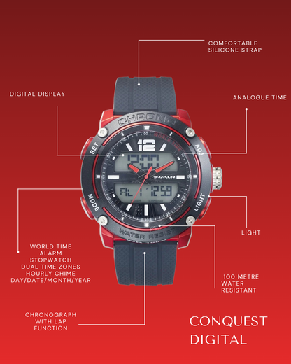 Conquest Black and Red Analogue Digital Watch