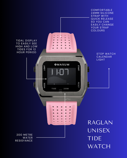 Raglan Digital Tide Watch Set – Gun Metal Case, White & Pink Silicone Strap