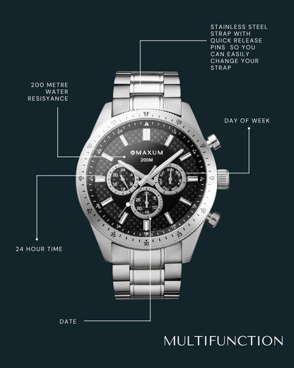 Lansdowne Multifunction Analogue Watch – Black Dial, Silver-Tone Case & Bracelet