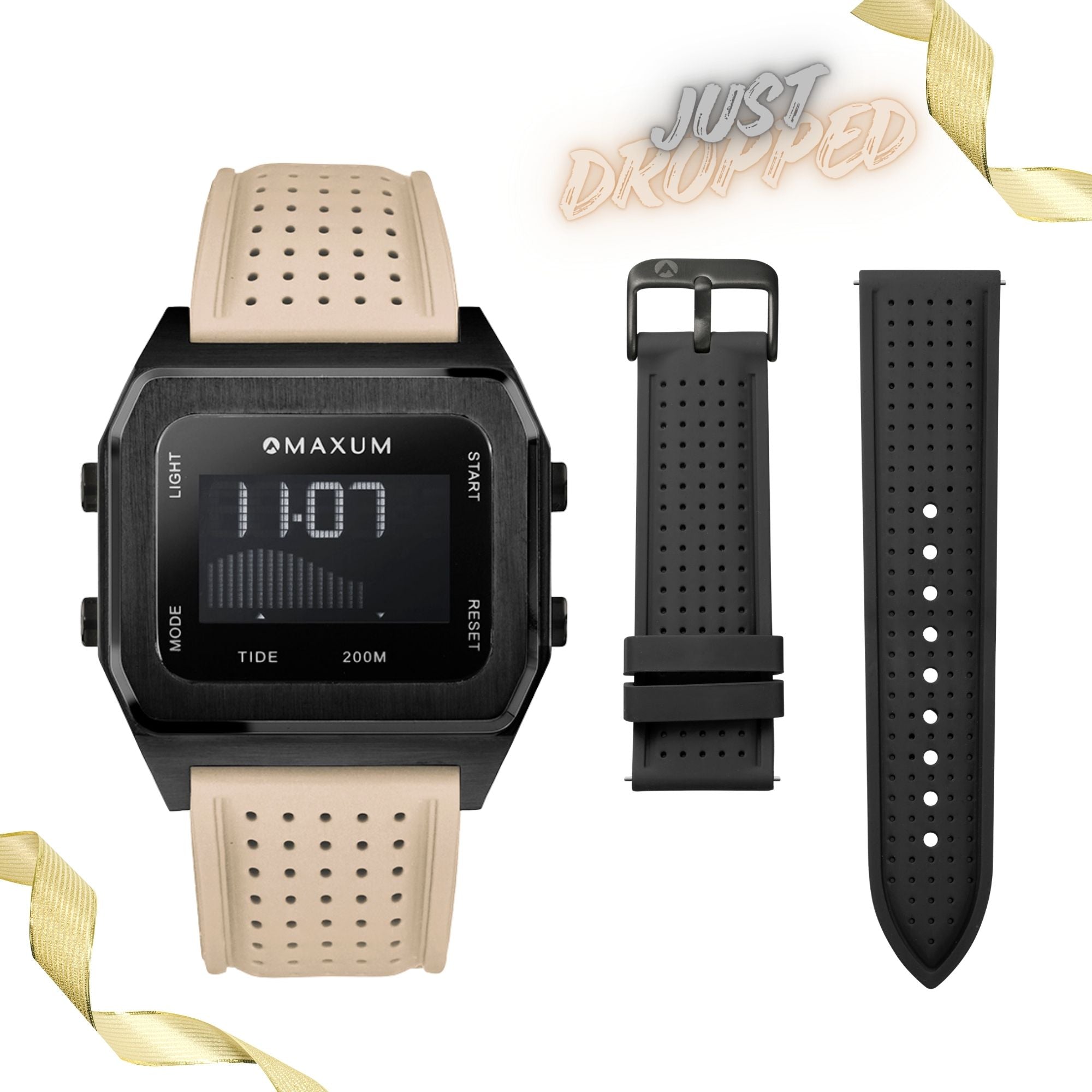 Raglan Digital Tide Watch Set – Black Case, Black & Beige Silicone Strap