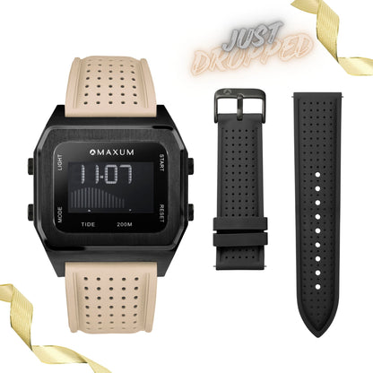 Raglan Digital Tide Watch Set – Black Case, Black & Beige Silicone Strap