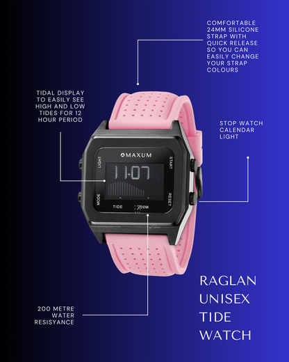 Raglan Digital Square Unisex Tide Watch – Black Case, Black Dial & Pink Silicone Strap