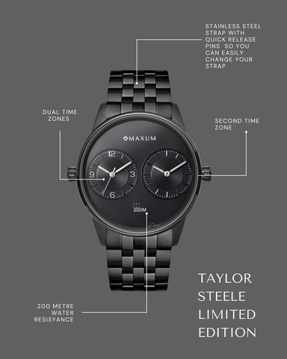 Taylor Steele Analogue Dual Time Zones – Black Dial, Black Case & Black Bracelet Watch