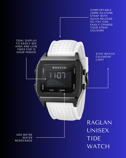 Raglan Digital Square Unisex Tide Watch – Black Case, Black Dial & White Silicone Strap