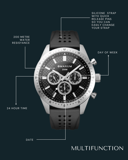 Lansdowne Multifunction Analogue Watch – Silver-Tone Case, Black Dial & Black Silicone Strap