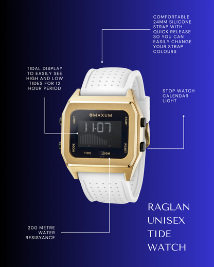 Raglan Digital Square Unisex Tide Watch– Gold Case, Black Dial & White Silicone Strap