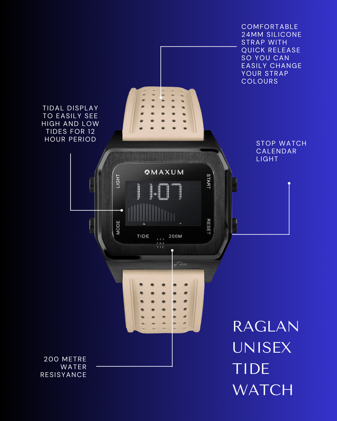 Raglan Digital Square Unisex Tide Watch – Black Case, Black Dial & Beige Silicone Strap