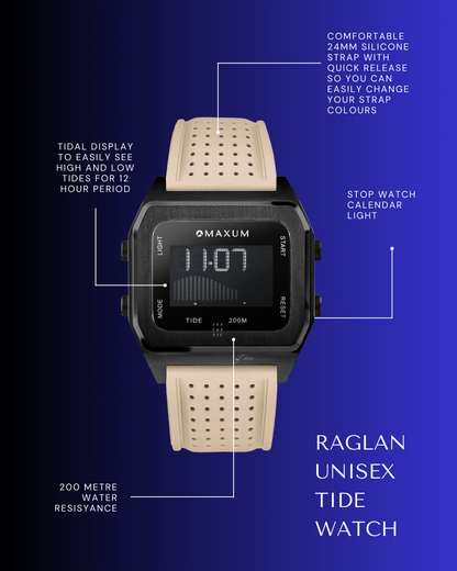 Raglan Digital Tide Watch Set – Black Case, Black & Beige Silicone Strap