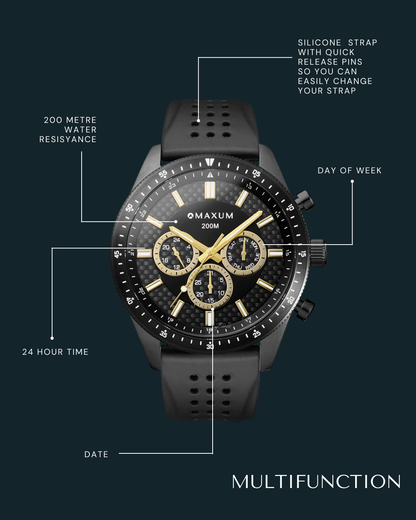 Lansdowne Multifunction Analogue Watch – Black Case, Black Dial & Black Silicone Strap