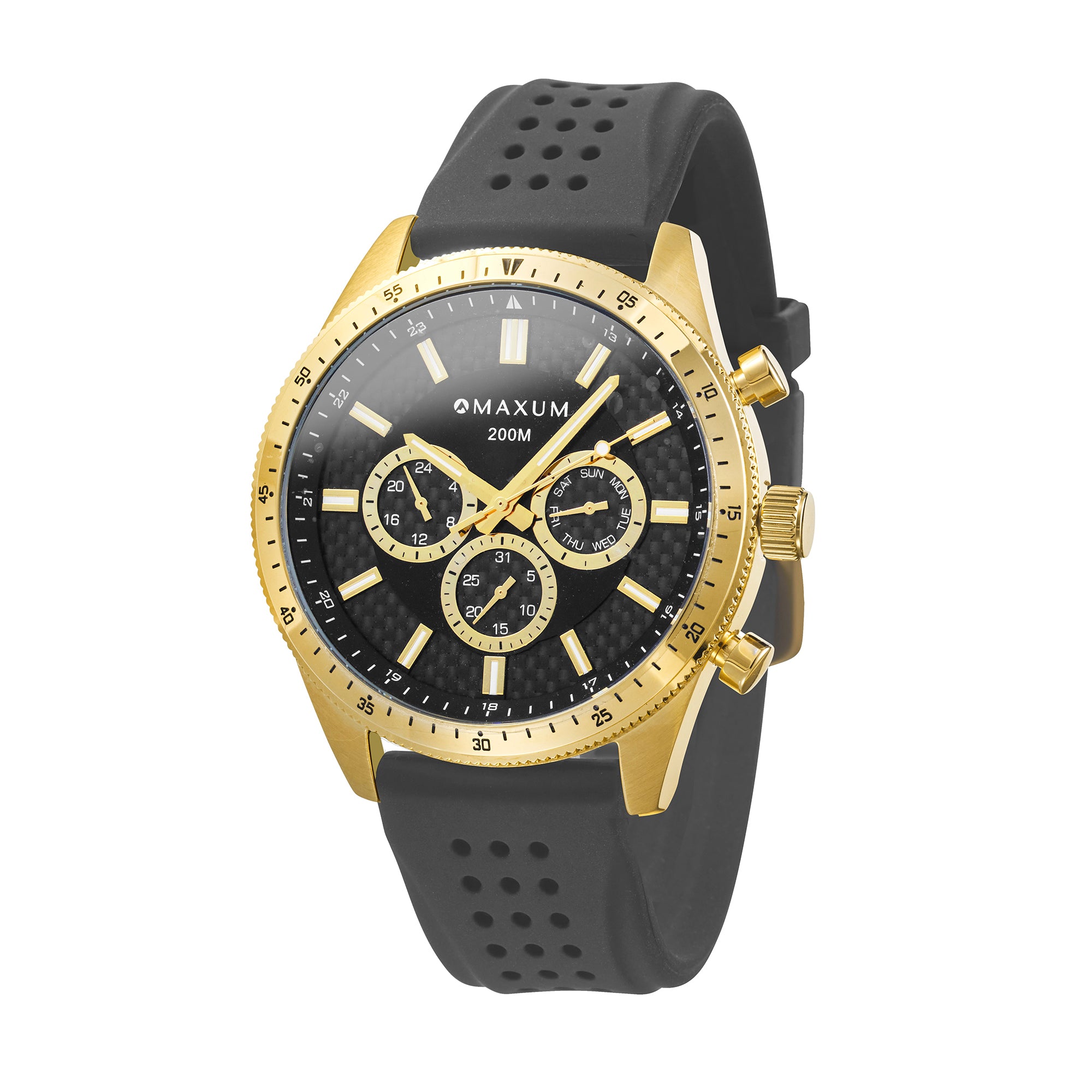 Lansdowne Multifunction Analogue Watch – Gold Case, Black Dial & Black Silicone Strap