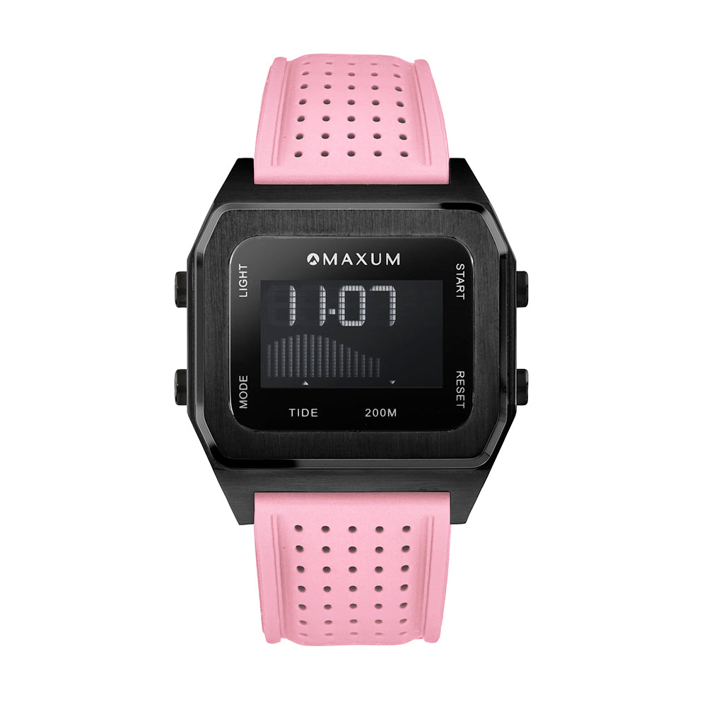 Raglan Digital Square Unisex Tide Watch – Black Case, Black Dial & Pink Silicone Strap
