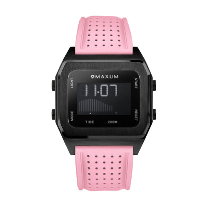 Raglan Digital Square Unisex Tide Watch – Black Case, Black Dial & Pink Silicone Strap