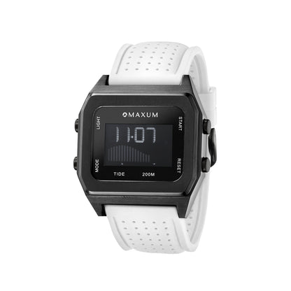Raglan Digital Square Unisex Tide Watch – Black Case, Black Dial & White Silicone Strap