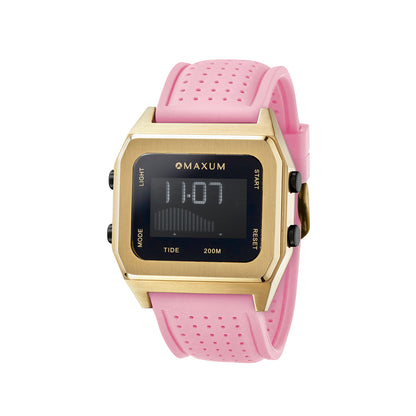 Raglan Digital Square Unisex Tide Watch– Gold Case, Black Dial & Pink Silicone Strap