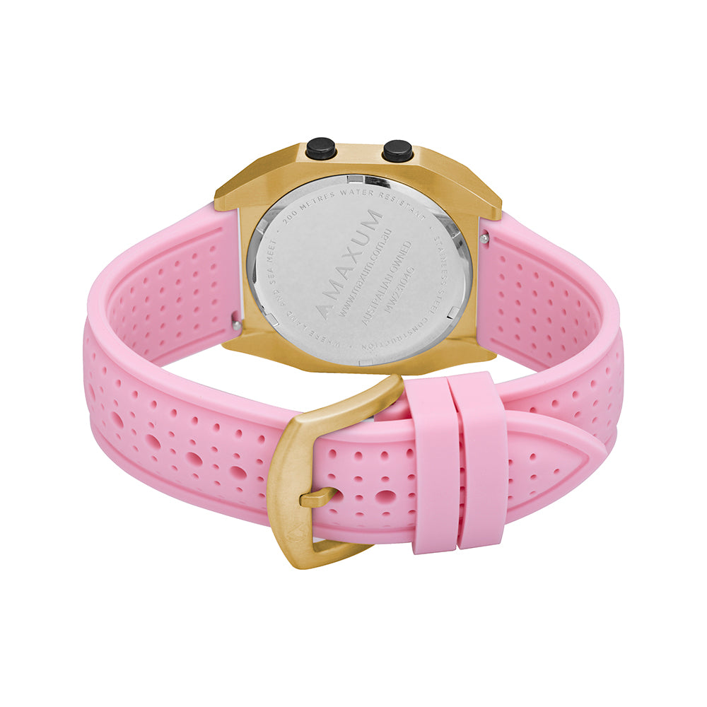 Raglan Digital Square Unisex Tide Watch– Gold Case, Black Dial & Pink Silicone Strap