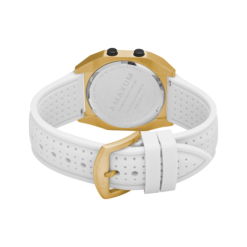 Raglan Digital Square Unisex Tide Watch– Gold Case, Black Dial & White Silicone Strap