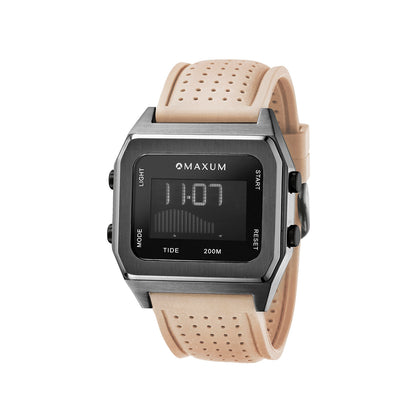 Raglan Digital Square Unisex Tide Watch– Gun Metal Case, Black Dial & Beige Silicone Strap