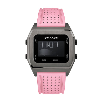 Raglan Digital Square Unisex Tide Watch– Gun Metal Case, Black Dial & Pink Silicone Strap