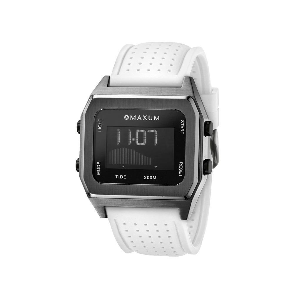 Raglan Digital Square Unisex Tide Watch– Gun Metal Case, Black Dial & White Silicone Strap