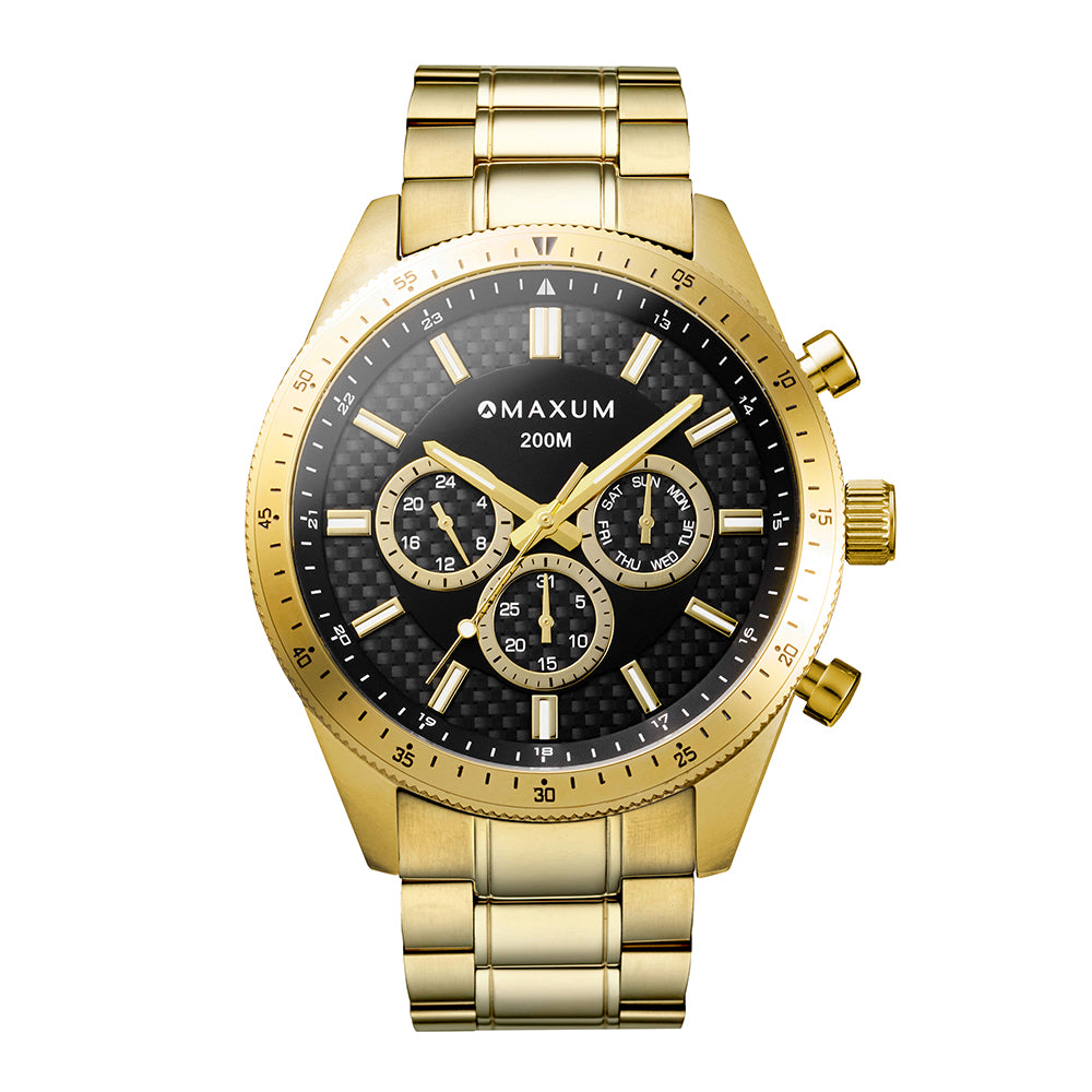 Lansdowne Multifunction Analogue Watch– Gold Case, Black Dial & Gold Bracelet