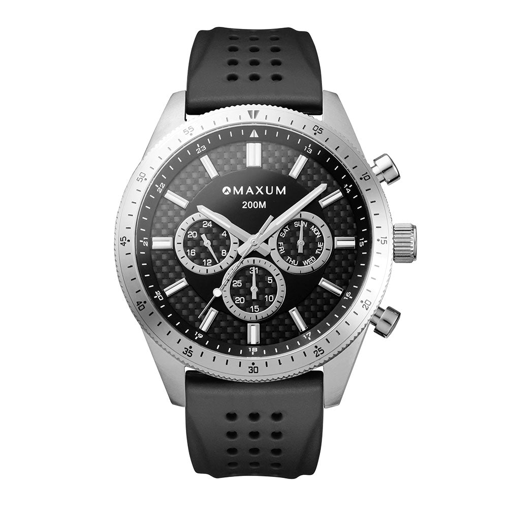 Lansdowne Multifunction Analogue Watch – Silver-Tone Case, Black Dial & Black Silicone Strap