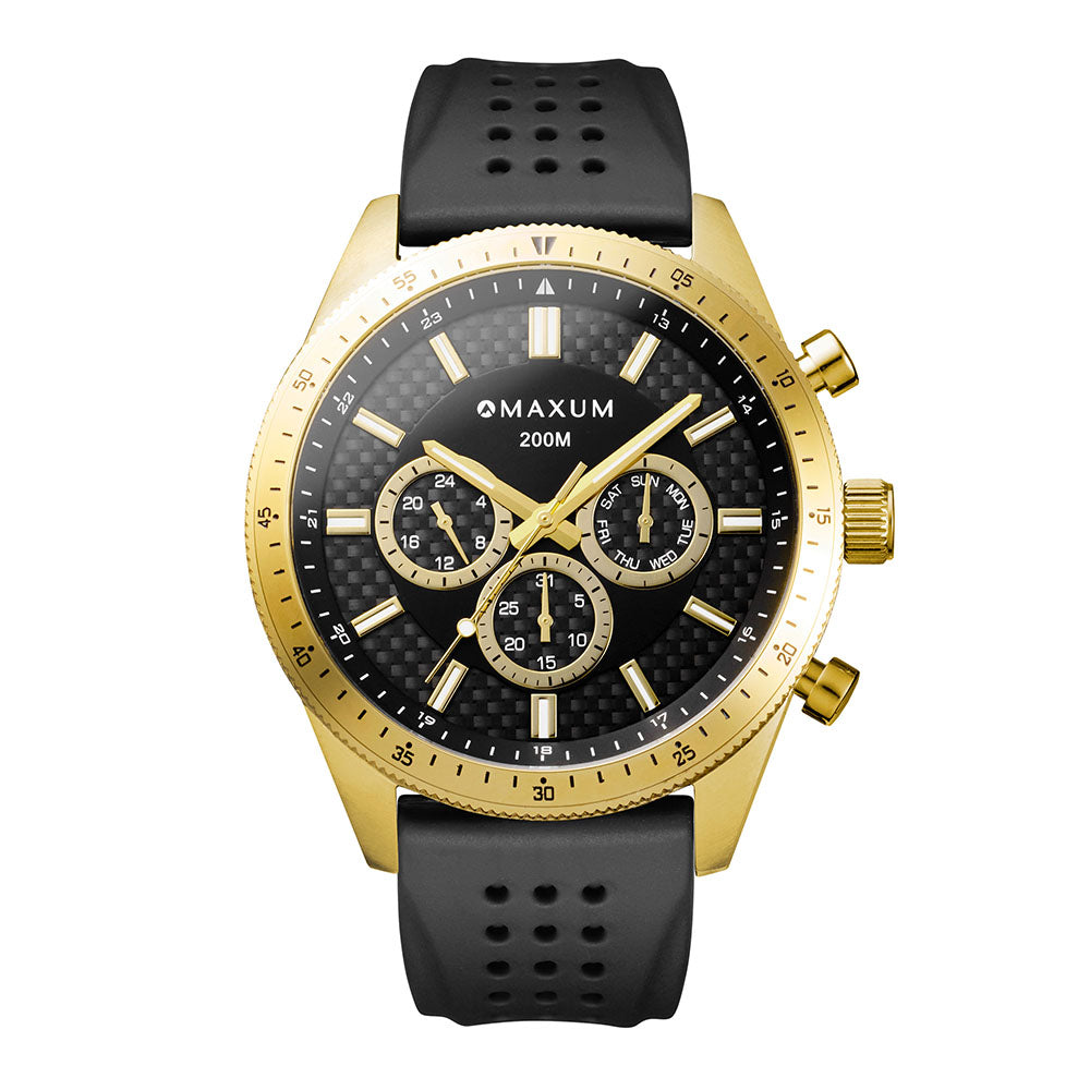 Lansdowne Multifunction Analogue Watch – Gold Case, Black Dial & Black Silicone Strap