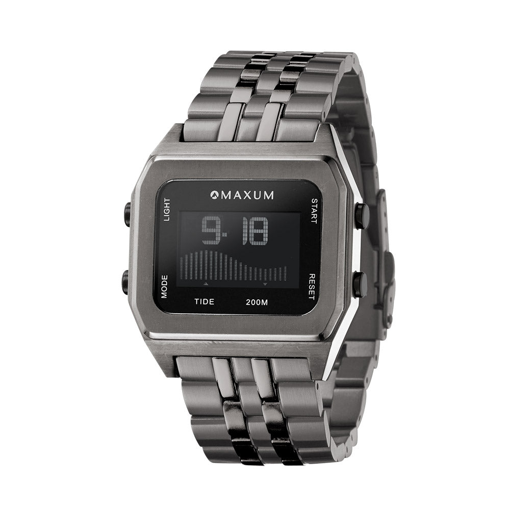Raglan Digital Square Dial Tide Watch– Gun Metal Case, Black Dial & Gun Metal Bracelet