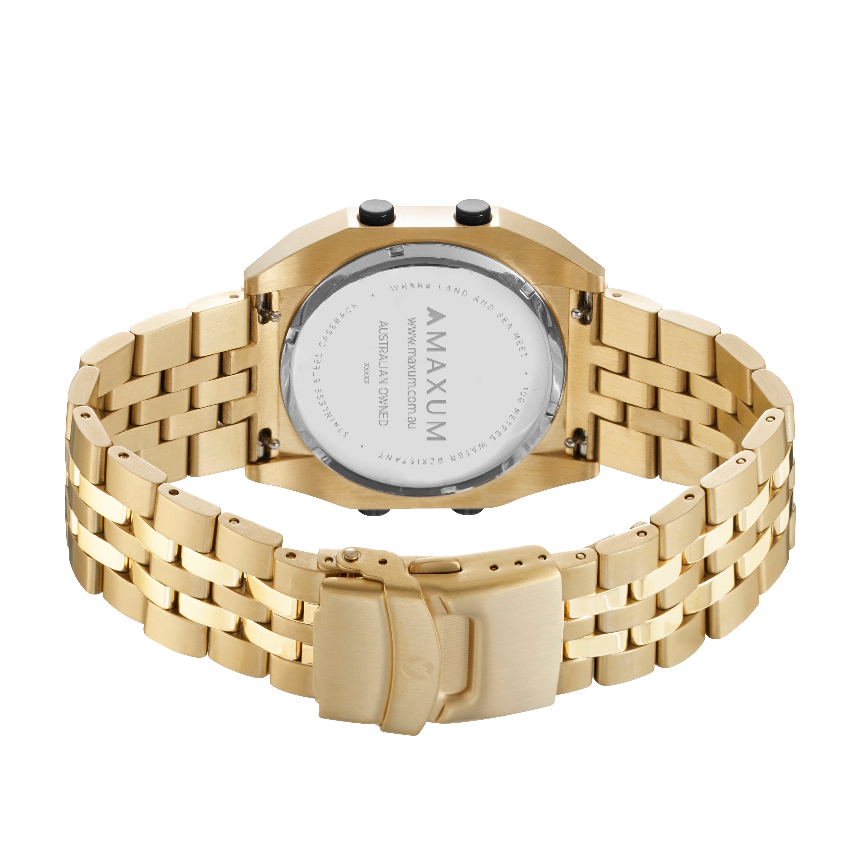 Raglan Digital Square Dial Tide Watch– Gold Case, Black Dial & Gold Bracelet