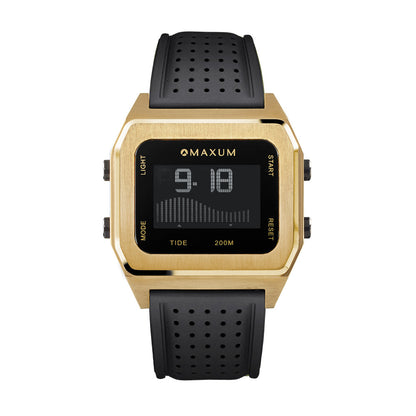 Raglan Gold Tide Watch with a black dial and a black silicone strap. The watch has a square case with a digital display showing the time and tide features.