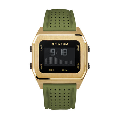 Raglan Digital Square Dial Tide Watch– Gold Case, Black Dial & Green Silicone Strap