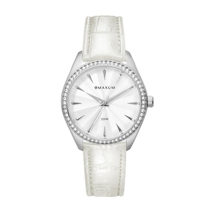 Sydney Crystal-Embellished Analogue Watch  –White Dial, Silver Tone Case & White Leather Band
