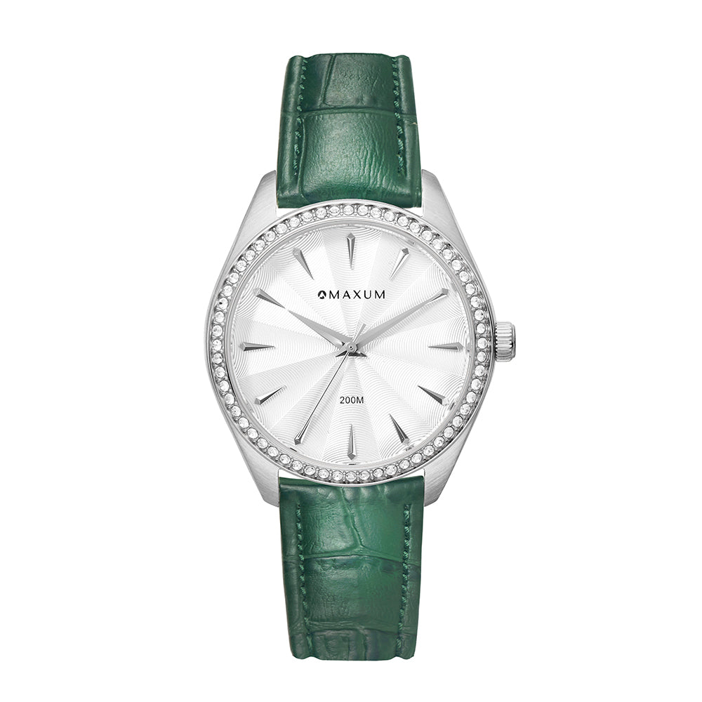 Sydney Crystal-Embellished Analogue Watch  –White Dial, Silver Tone Case & Green Leather Band