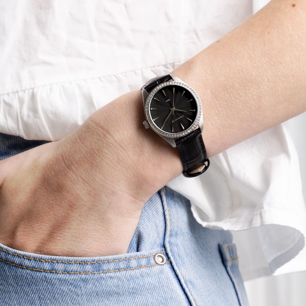 Sydney Silver Box Set -Includes Black Crystal Leather Band Watch with Silver Bracelet Strap