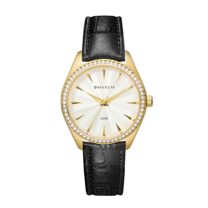 Sydney Crystal-Embellished Analogue Watch  –White Dial, Gold Tone Case & Black Leather Band