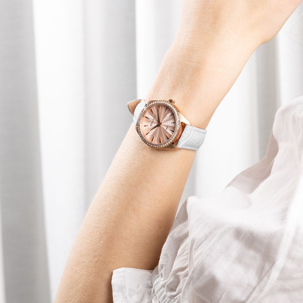 Sydney Crystal-Embellished Analogue Watch  – Rose Gold Tone Dial, Rose Gold Tone Case & White Leather Band