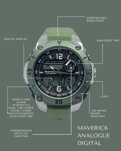 Maxum Maverick Green Analogue Digital Watch with a silver and green-tone case, digital and analogue displays, and a green resin strap on a camo green background with text feature callouts