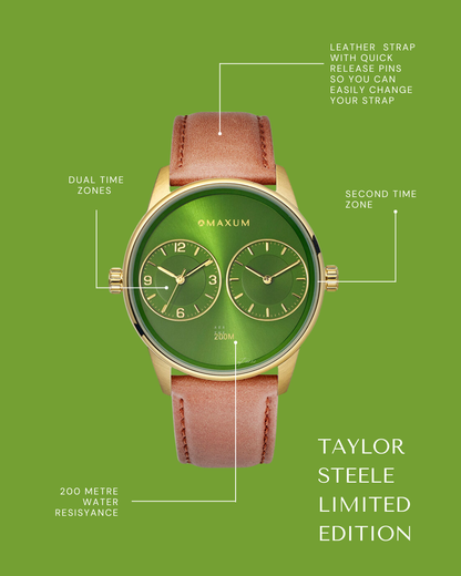Maxum Taylor Steele Collaboration Watch with a green dial, gold-tone case, and brown leather band, displayed against a green background with text feature call outs