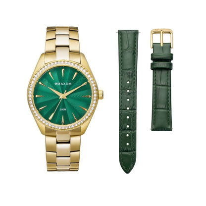 Sydney Green Box Set -Includes Gold Bracelet Watch with Green Leather Strap