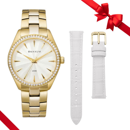 Sydney Gold Box Set -Includes Gold Bracelet Watch with White Leather Strap