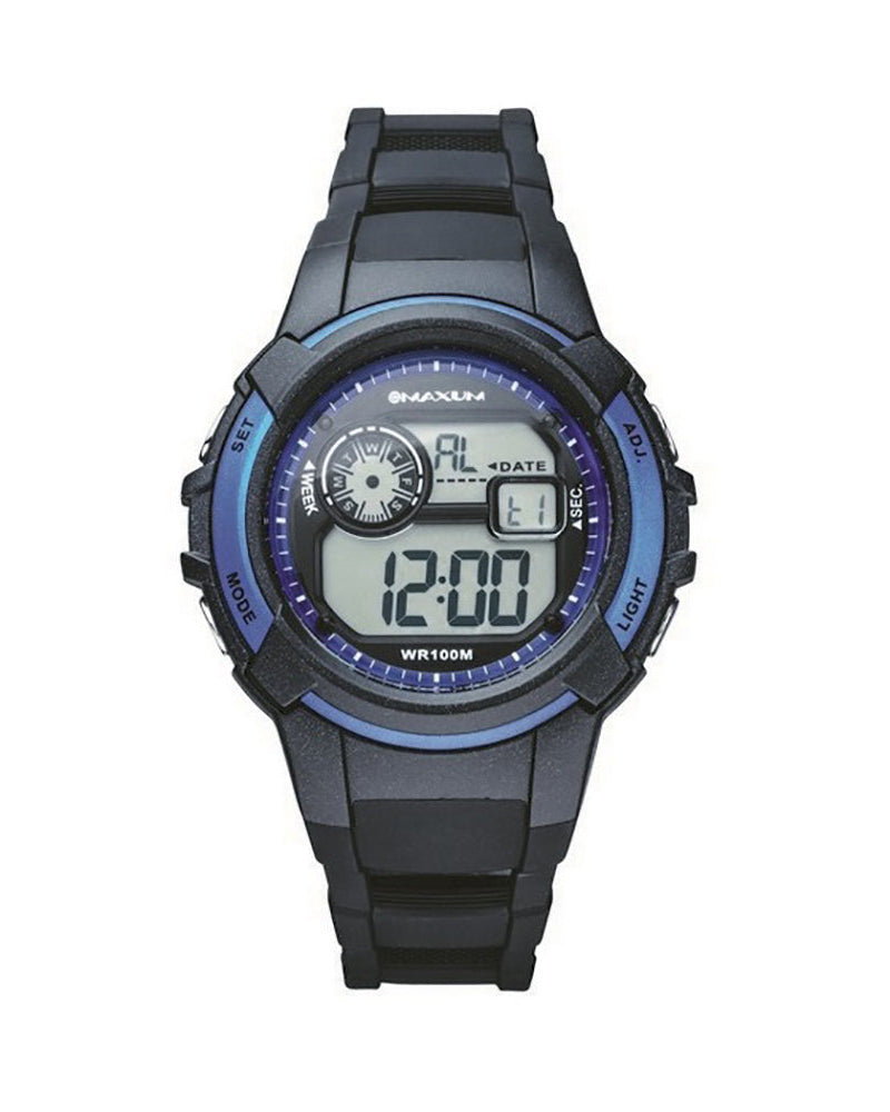 Maxum Button digital watch with a black resin strap and black case, featuring blue accents and a digital display.