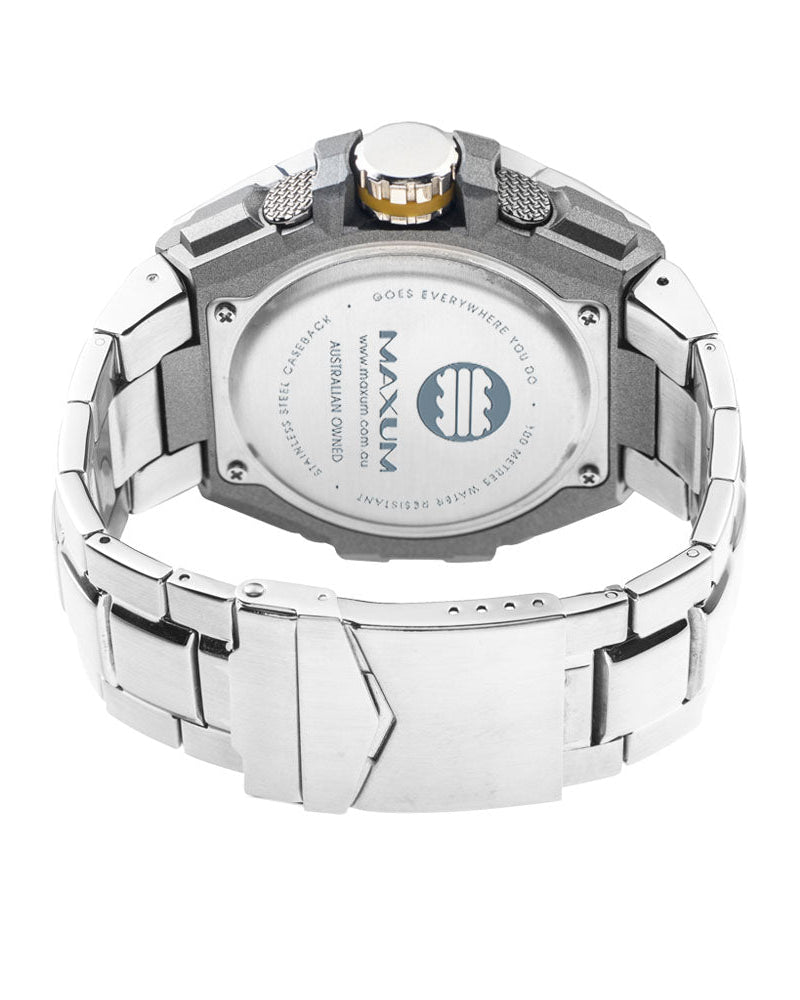 Maxum Bulk stainless steel analog and digital watch with a silver band and casing, black dial with digital readout, and gold accents, back view