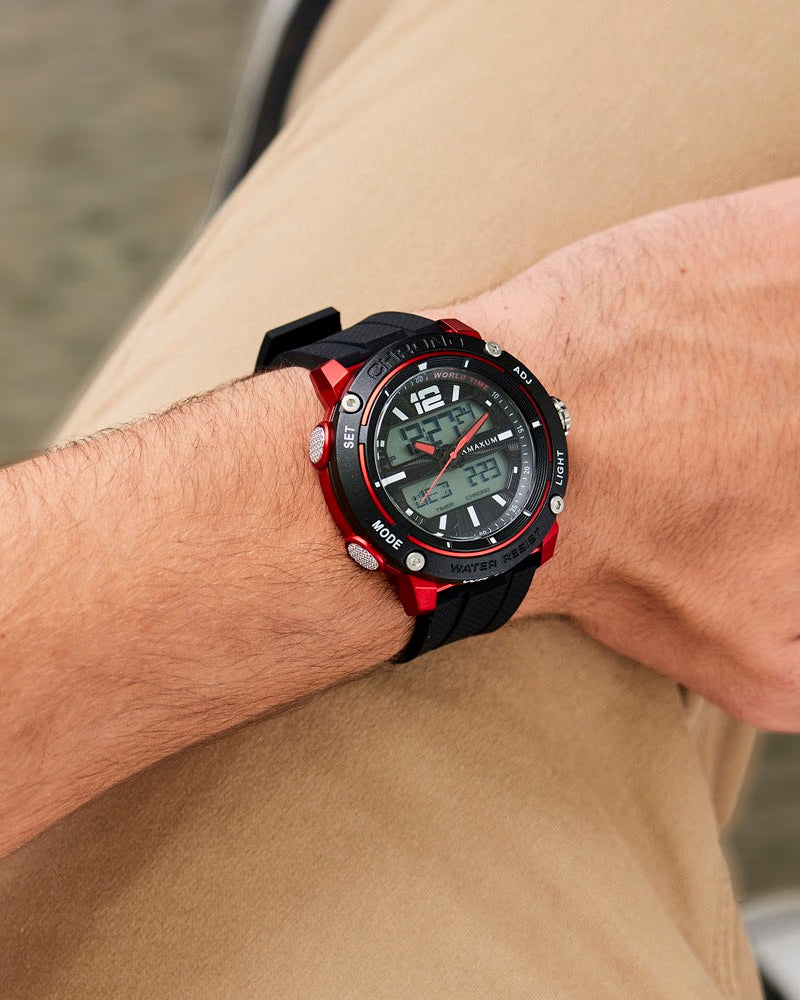 Maxum Conquest Analogue Digital Watch Black & Red with a silicone band and a digital display. On wrist