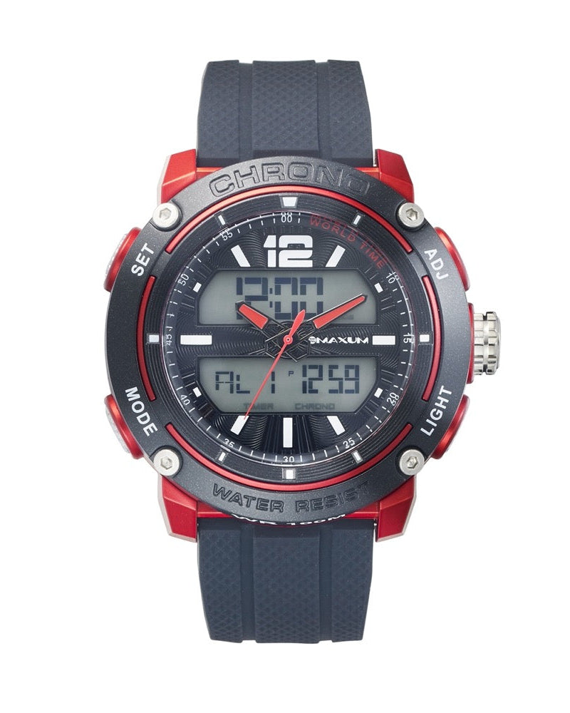 Maxum Conquest Analogue Digital Watch Black & Red with a silicone band and a digital display.