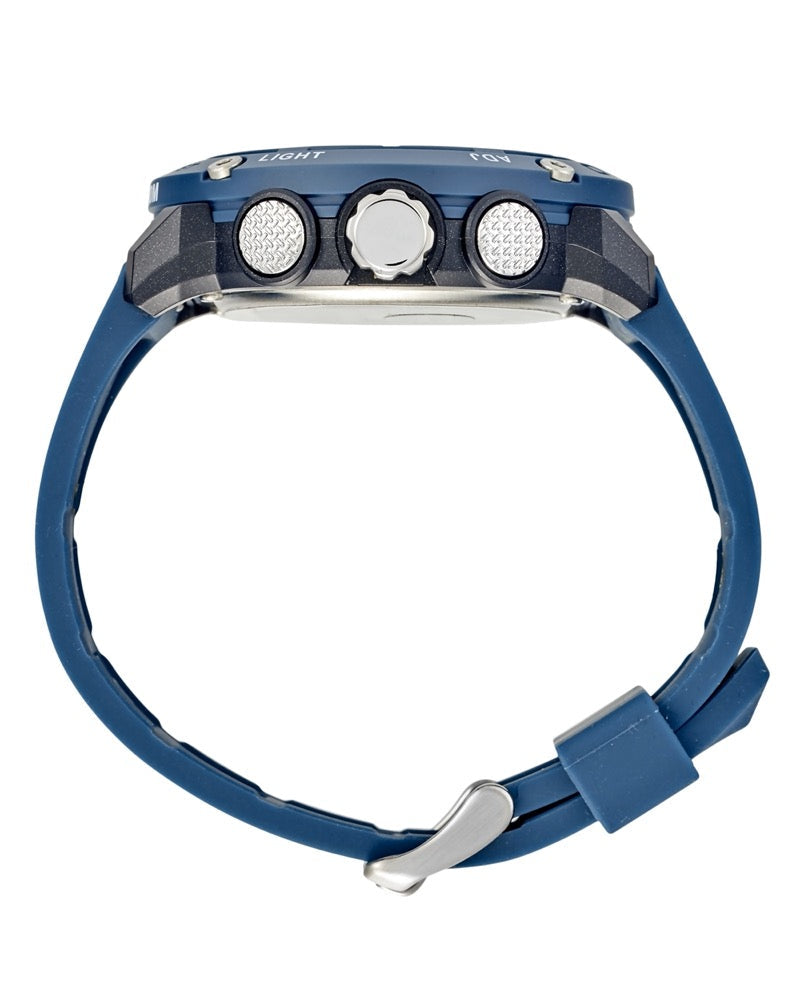 Maxum blue Conquest Analogue Digital Watch with a silicone strap and a digital display. Side View