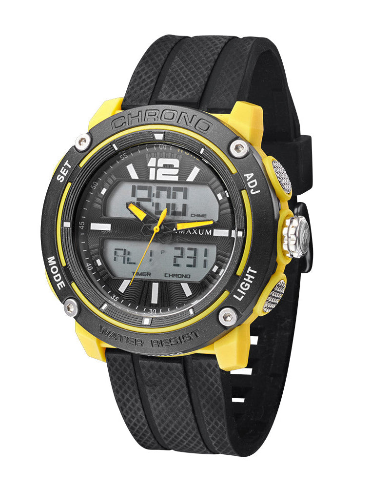 Maxum Conquest Analogue Digital Watch Black & Yellow with a silicone band and a digital display.